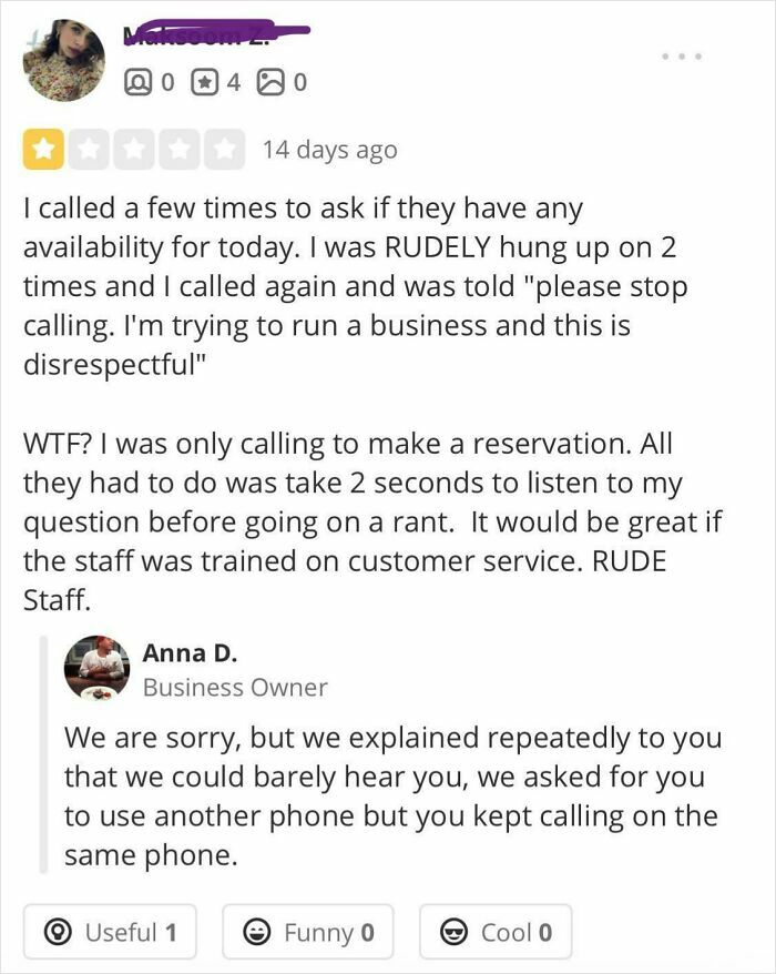 Customer complaint and response about rude service, highlighting customer cluelessness in online review exchange.