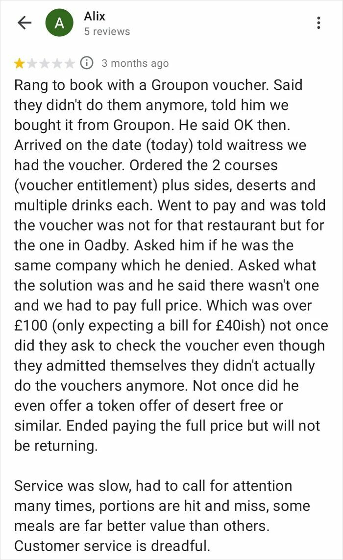 Restaurant review highlighting customer cluelessness and issues with a Groupon voucher misunderstanding.