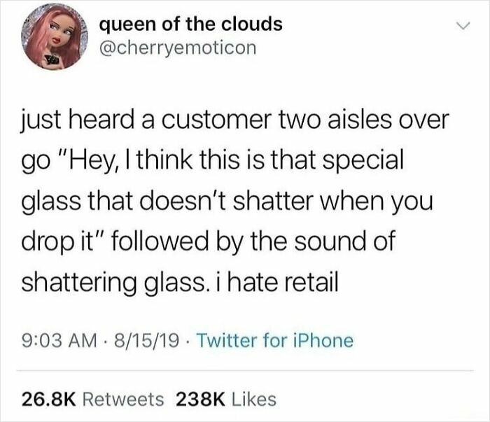 Tweet about customer cluelessness including a story of glass shattering in a retail setting, with humorous frustration.