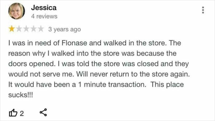 Customer review expressing frustration over store hours, highlighting cluelessness about closed status despite open doors.