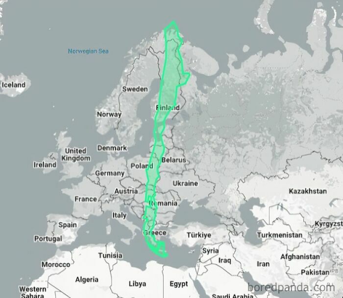 Map showing a country overlay stretching from Greece to Norway, highlighting country size misconceptions.