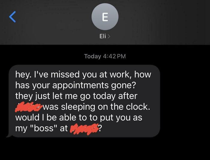 Text message discussing being let go due to colleagues sleeping at work.