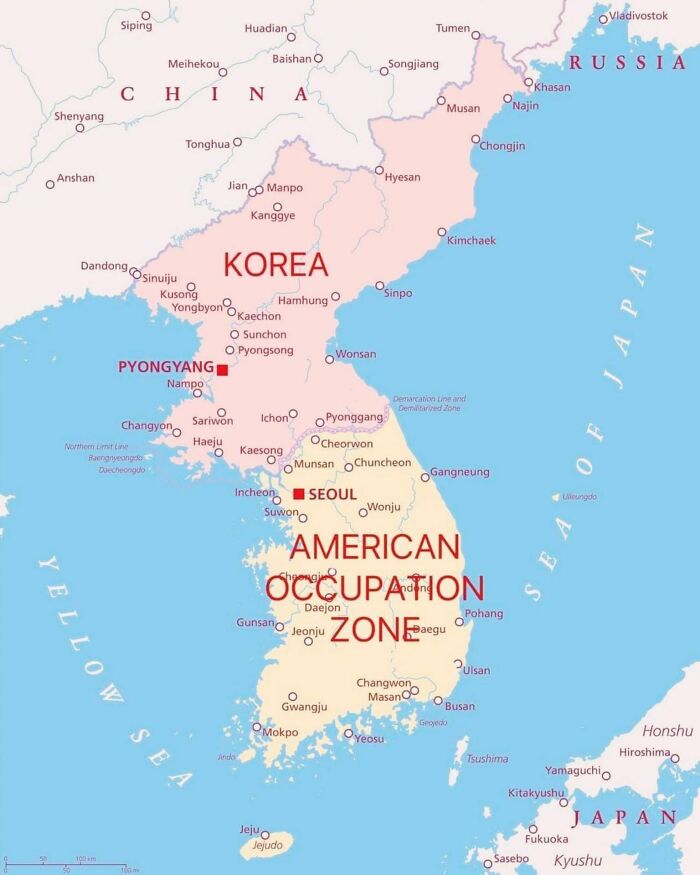 Map showing Korea divided with labeled regions and seas, highlighting the American Occupation Zone.