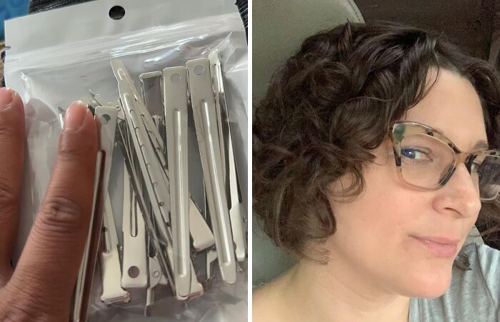 Hair clips for enhancing curls next to a woman with curly hair wearing glasses.