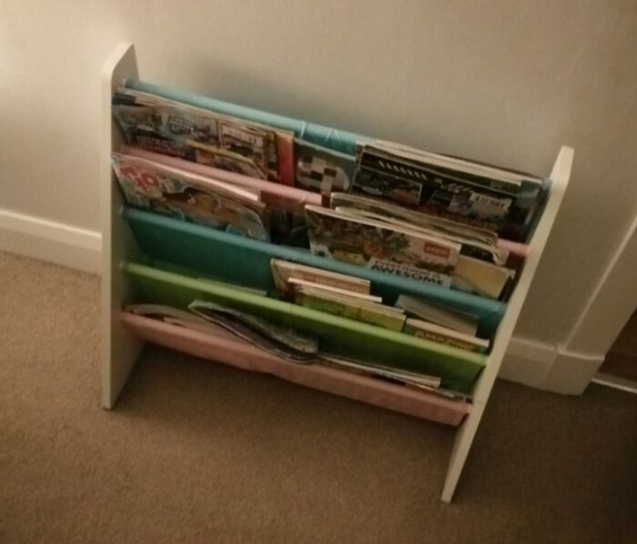 Magazine rack filled with various colorful books, illustrating disorganized workplace filing by worst colleagues.