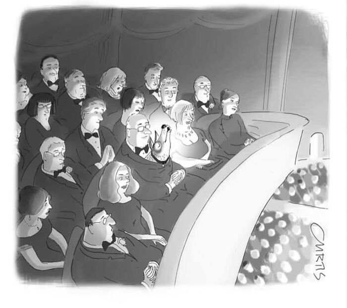 Cartoon depicting a dog's head among an audience at the theater, reflecting on everyday life humor.