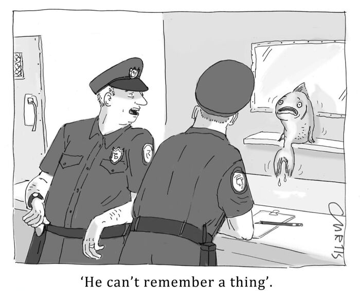 Police officers with a fish suspect in an interrogation room, illustrating everyday life humor in one-panel comics.