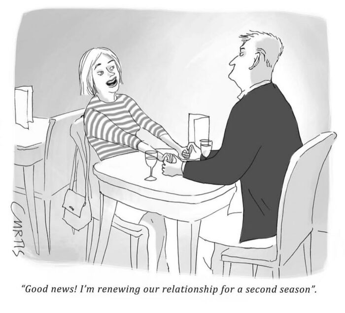Cartoonist's one-panel comic of a couple chatting at a table, woman joking about renewing their relationship for a second season.