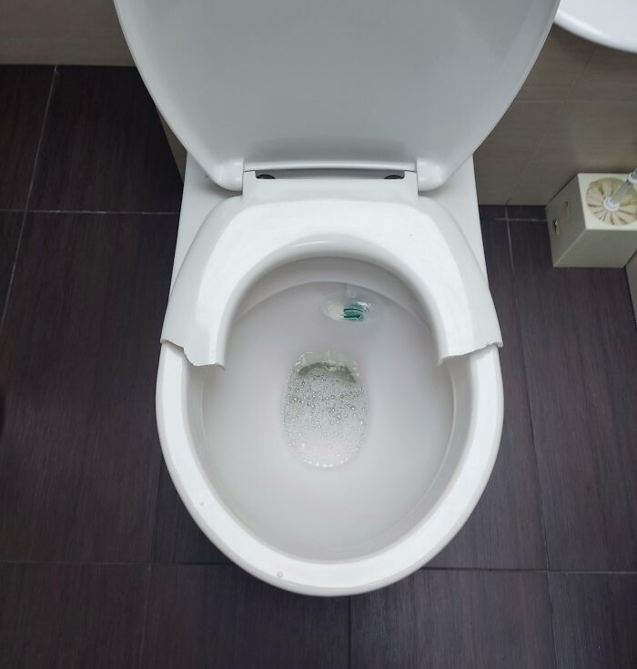 C*****d toilet seat in a bathroom, highlighting workplace challenges with colleagues.