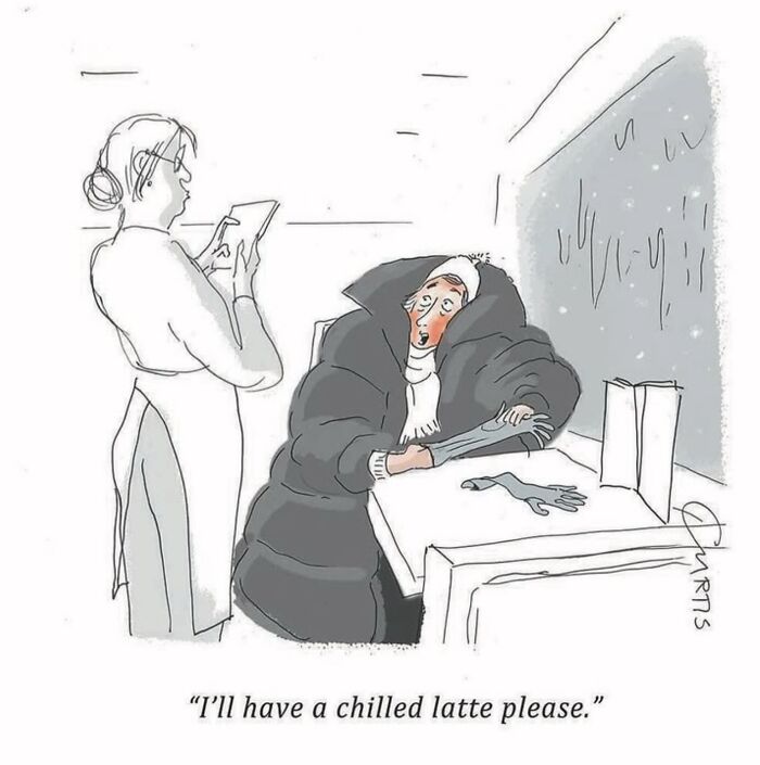 Cartoonist's comic of bundled up person at cafe ordering a chilled latte, highlighting everyday life humor.