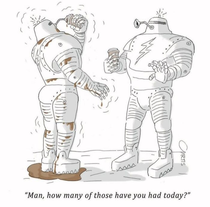 Robots humorously reacting to spilled coffee, illustrating everyday life in a one-panel comic.