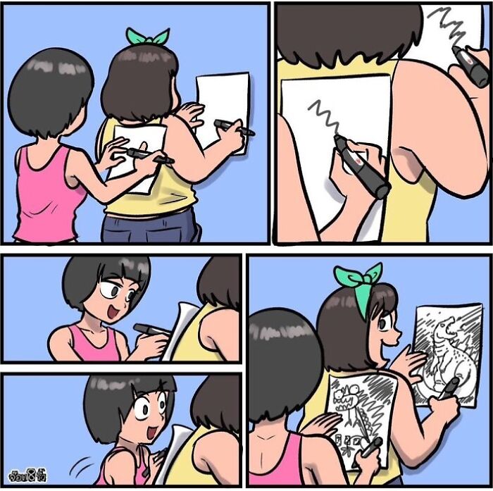 Two people in a humorous drawing competition; one draws badly, the other reveals a detailed dragon sketch.