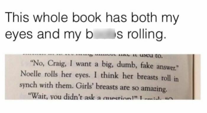 Text from a book criticized for misunderstanding how girls work, focusing on eye-rolling and an inappropriate comment.