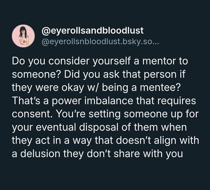 Text post by a user discussing mentorship and power imbalance, referencing hot takes online.