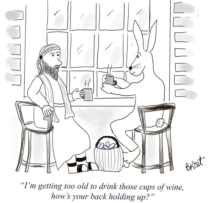 Bearded man and rabbit sharing drinks in a witty one-panel comic by Beverley Kort, discussing age and wine.