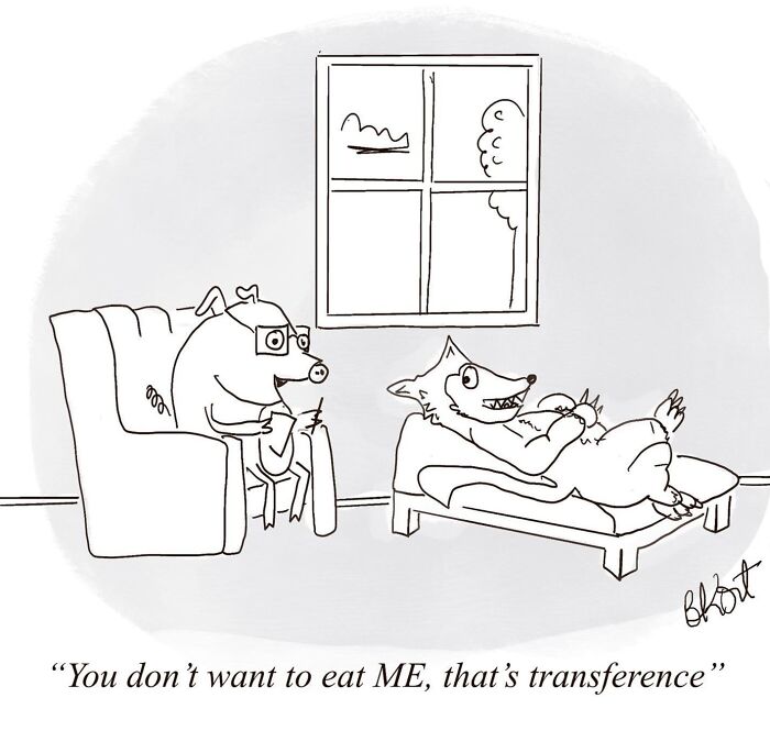 Therapist pig and patient wolf in a witty, relatable one-panel comic by Beverley Kort.