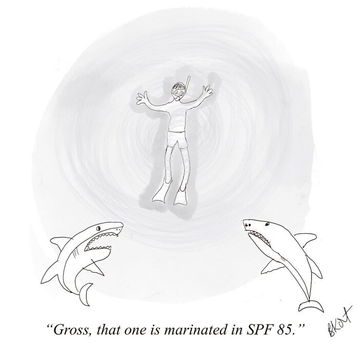 Snorkeler in the water surrounded by two talking sharks, with a humorous SPF sunscreen joke.