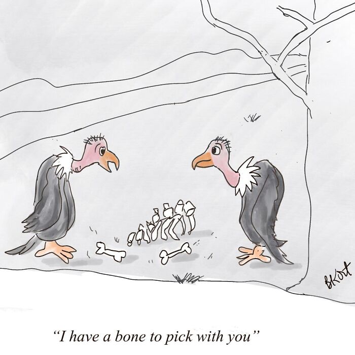 Two vultures with bones discussing, illustrating Beverley Kort's witty comics style.