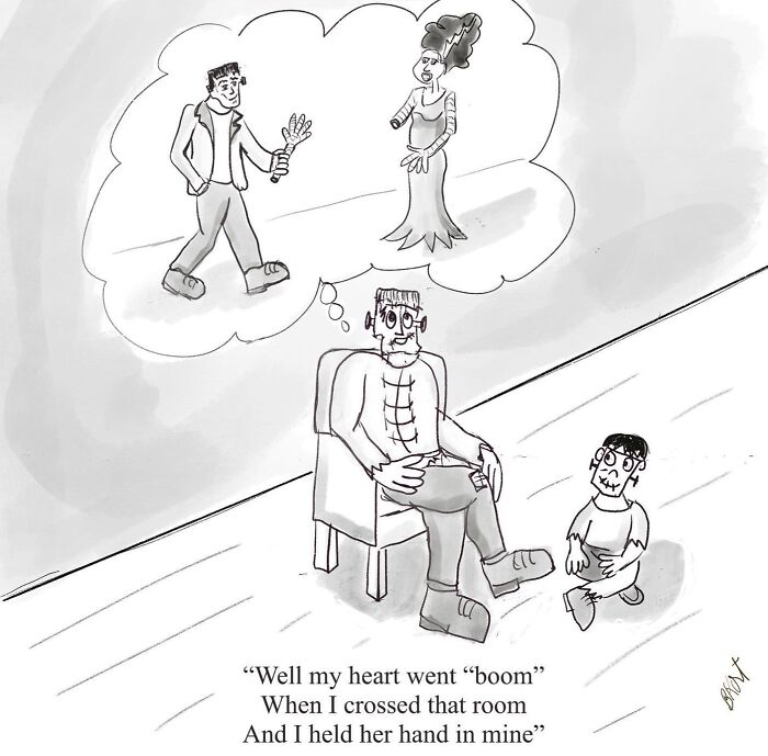 Frankenstein's monster imagines holding hands with a bride. Comic by Beverley Kort.