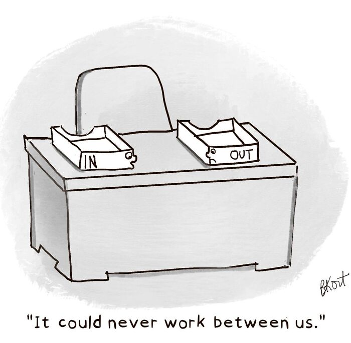 Office desk with "IN" and "OUT" trays, witty cartoon by Beverley Kort.