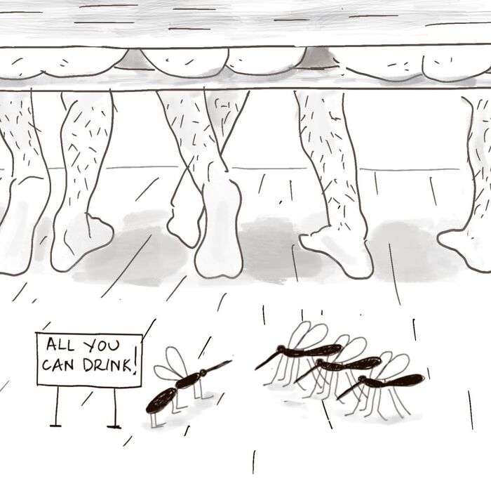 Mosquitoes gather at a sign reading "All You Can Drink!" beneath people's legs in a witty one-panel comic.