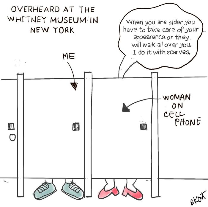 Cartoon by Beverley Kort shows two pairs of shoes in a bathroom stall, with overheard phone conversation.