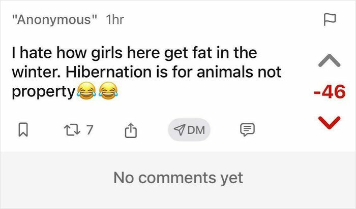 Post criticizing girls' winter weight gain, with negative votes.