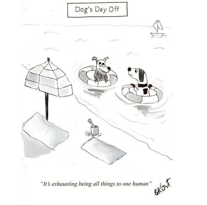 Two dogs floating on the sea in inflatable rings with umbrella and towels on the beach in a witty one-panel comic.