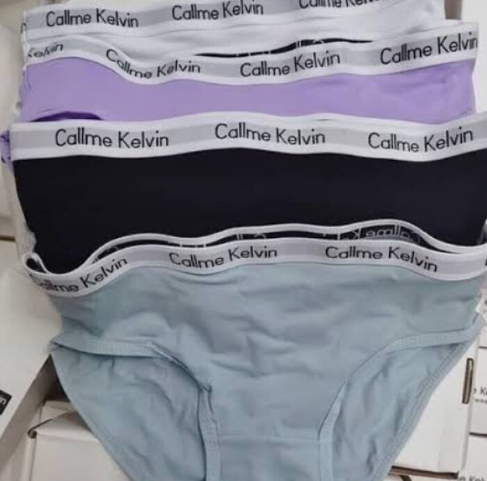Underwear with "Callme Kelvin" branding, showcasing a design mistake.