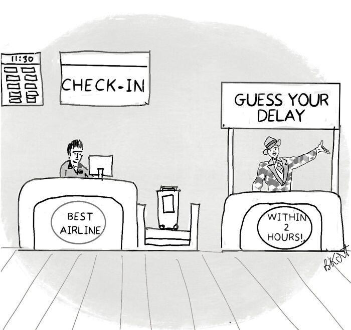 Comic of airline check-in and 'Guess Your Delay' booth by Beverley Kort.