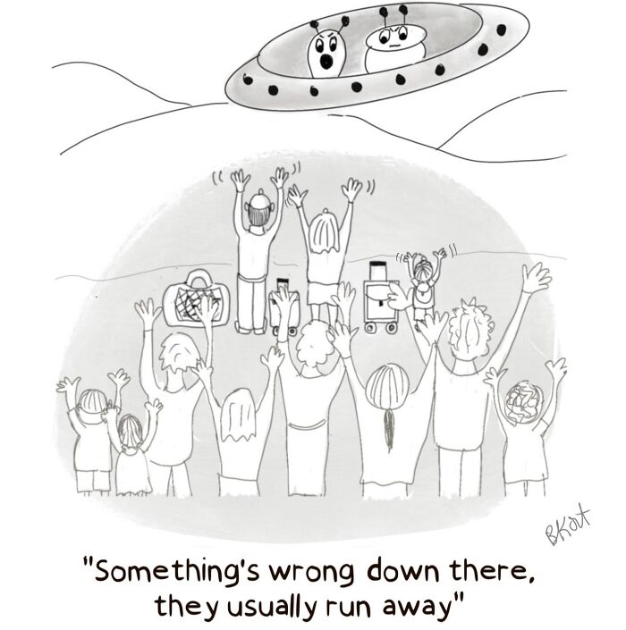 UFO in a comic by Beverley Kort, confused aliens watching humans waving instead of running away.
