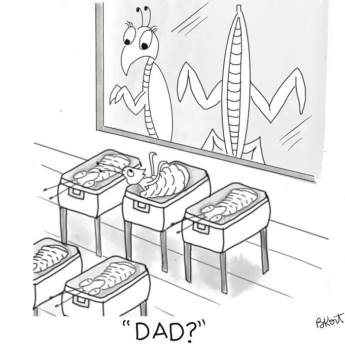 Insect child recognizes parent in one-panel comic by Beverley Kort.