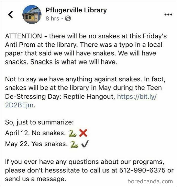 Pflugerville Library post correcting a typo: no snakes at event, only snacks. Wholesome online clarification.