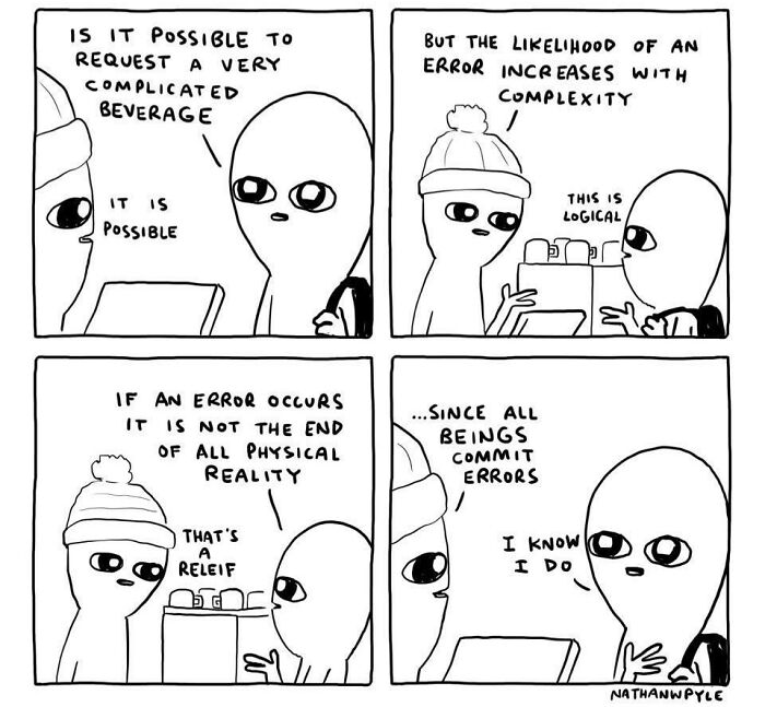 Two cartoon characters discuss complex orders and errors in a coffee shop, highlighting wholesome support online.