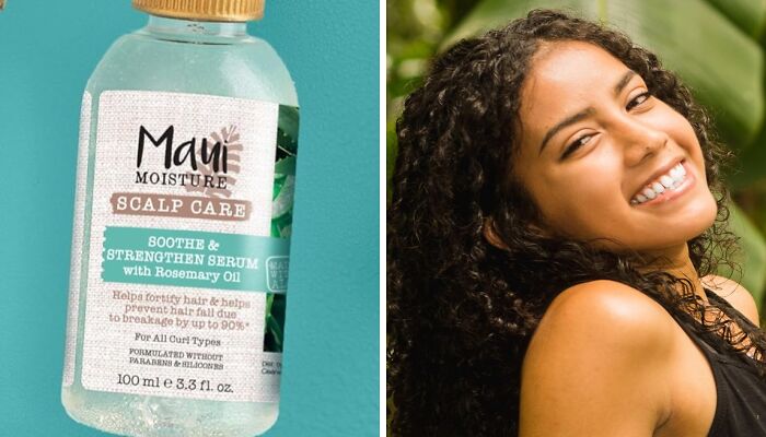 Curl-enhancing serum with rosemary oil beside a smiling woman with curly hair.