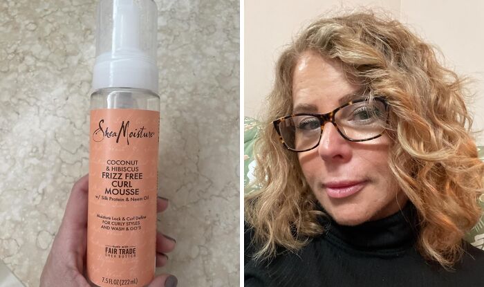 SheaMoisture frizz-free curl mousse next to a person with curly hair and glasses.