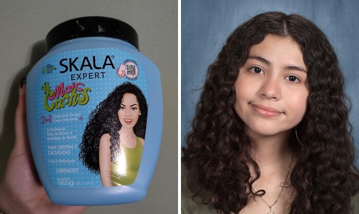 Curl-enhancing product Skala Mais Cachos with a young woman showcasing defined curls.