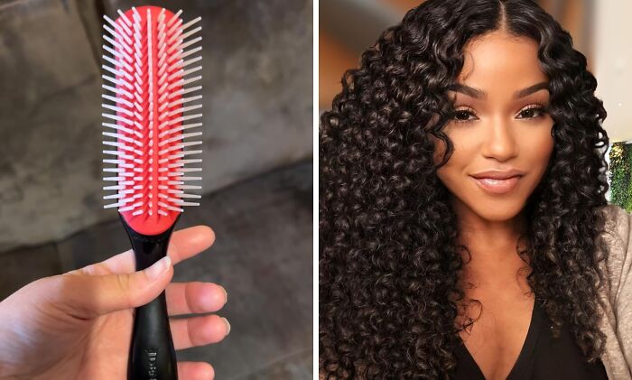 Hand holding hairbrush; woman with defined curls showcases curly hair care products.