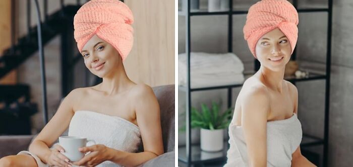 Woman with a towel wrap around her hair, sitting in a cozy room, enjoying a cup of coffee; ideal for curls maintenance.