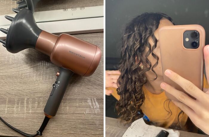 Hair diffuser next to curly-haired person with smartphone capturing their defined curls.