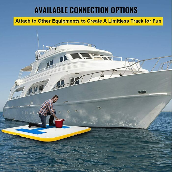 Man mopping water on a floating mat near a yacht; humorous design concept.