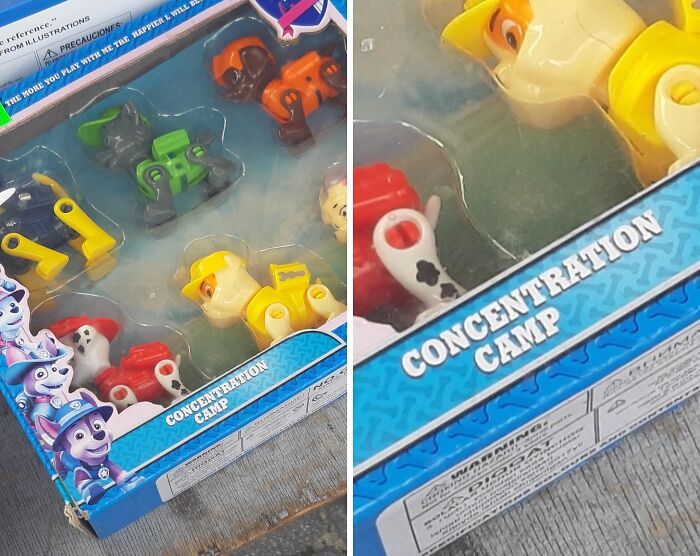 Toy packaging with mismatched design labeled "Concentration Camp" showcases disastrous design mistake.