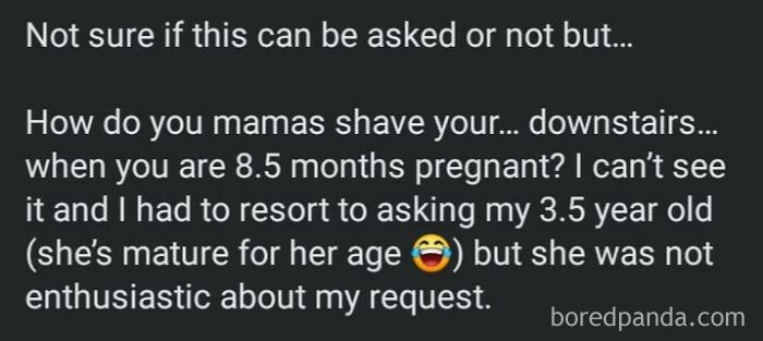 Confusing post from a mom group discussing shaving while 8.5 months pregnant, involving a young child.