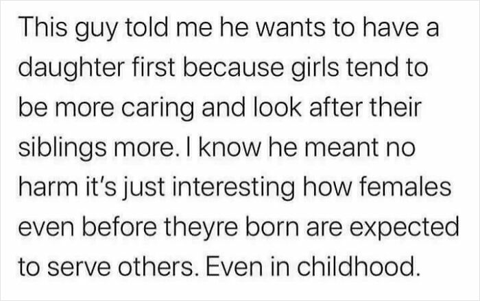 Text conversation about gender roles, highlighting stereotypes of how girls work and expectations from childhood.