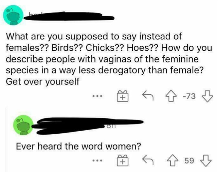 Two online comments debating respectful terms for women, highlighting gender terminology sensitivity.