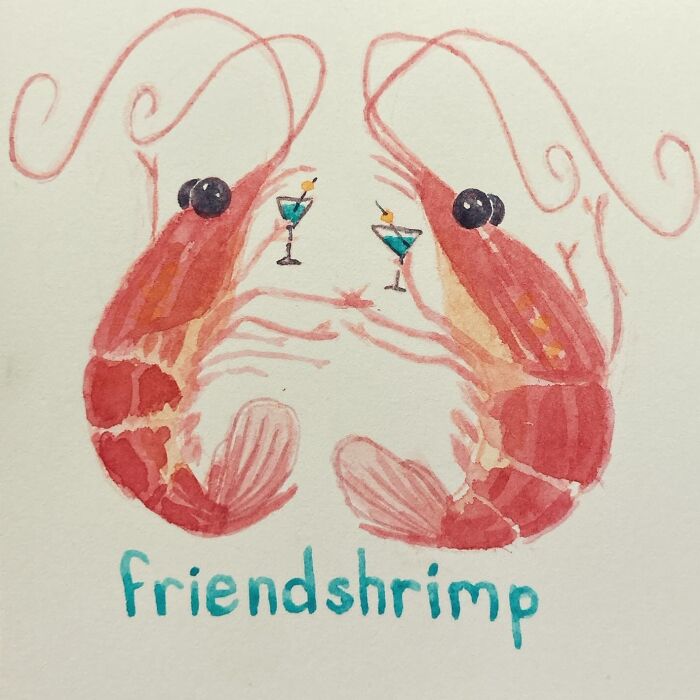 Watercolor painting of two sassy shrimp with cocktails, captioned "friendshrimp."