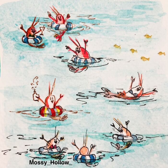 Whimsical watercolor painting of sassy animals floating in colorful tubes on the water.