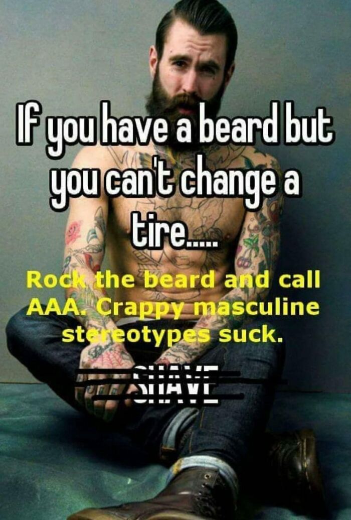 Tattooed man with a beard challenges masculine stereotypes humorously, promoting being supportive online.