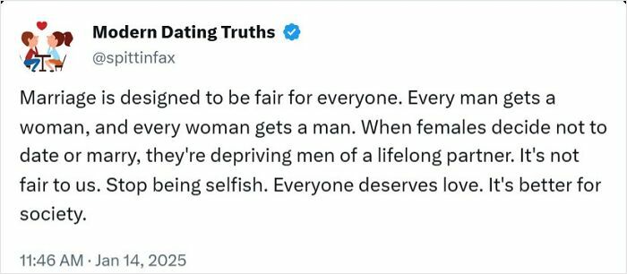 A social media post expressing a controversial view on relationships and marriage dynamics.