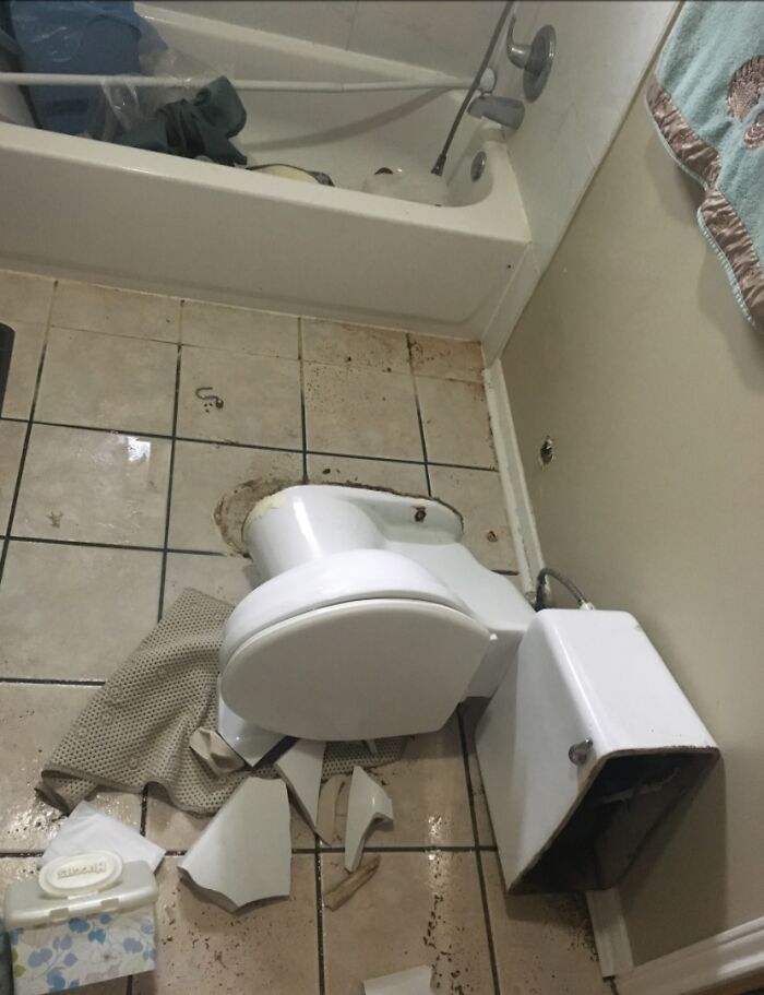 Broken toilet in a damaged bathroom, showcasing poor decisions affecting houses.